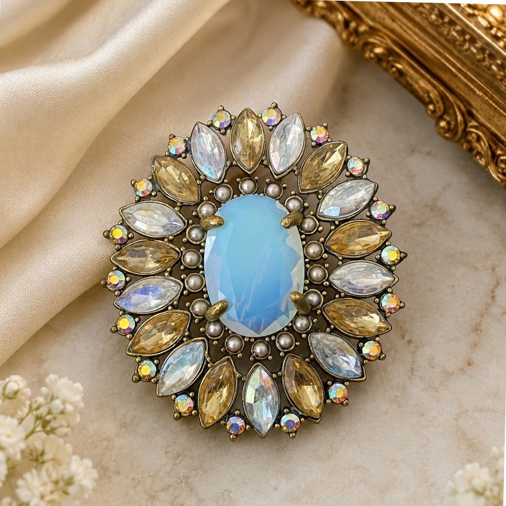 NR Nancy & Rise Vtg Opalescent Rhinestone Sunburst Statement Gold Brooch Pin